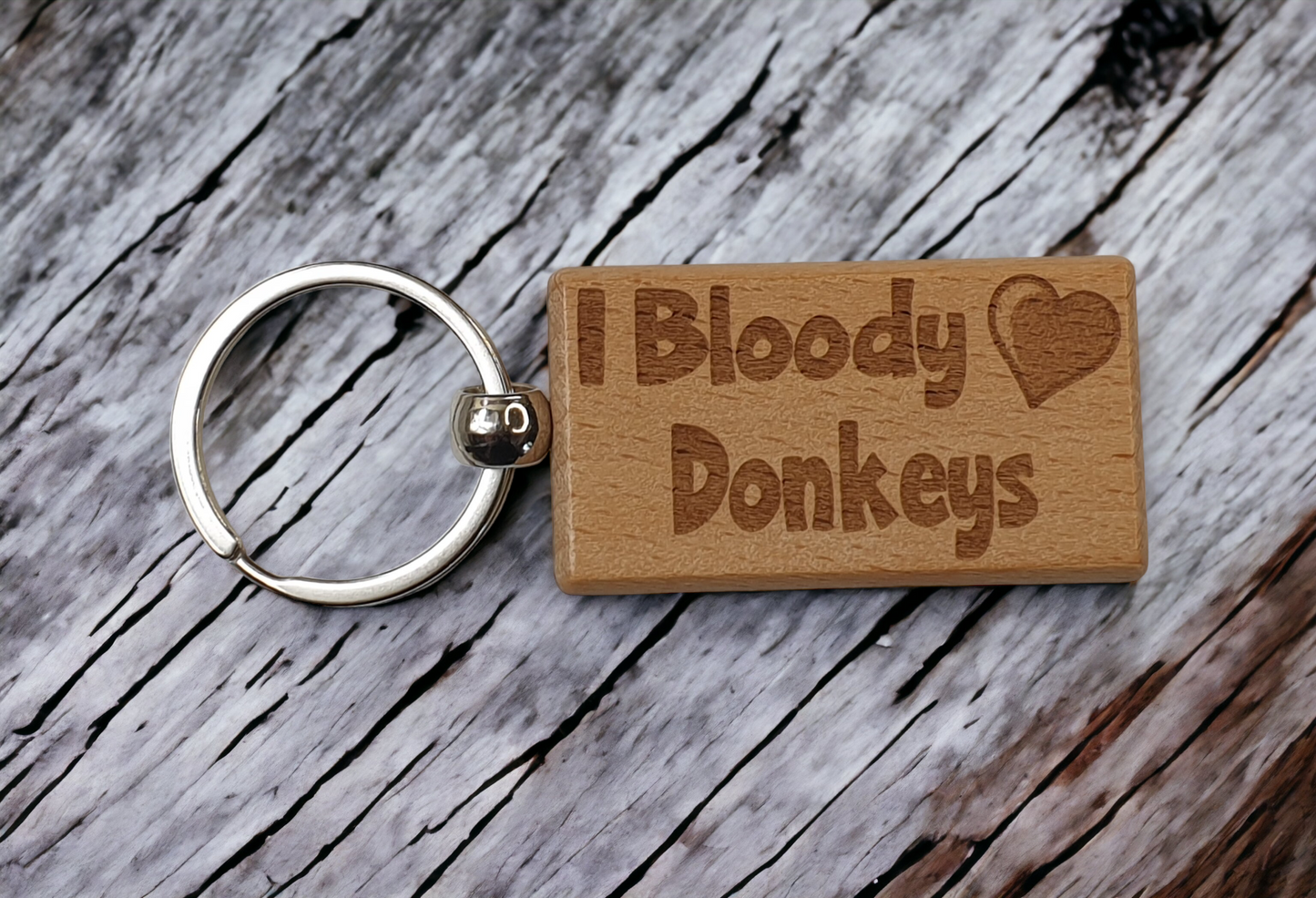 Donkey Keyring Gift - I Bloody Love Heart Donkeys - Nice Cute Engraved Wooden Key Fob Fun Novelty Present