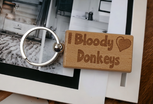 Donkey Keyring Gift - I Bloody Love Heart Donkeys - Nice Cute Engraved Wooden Key Fob Fun Novelty Present