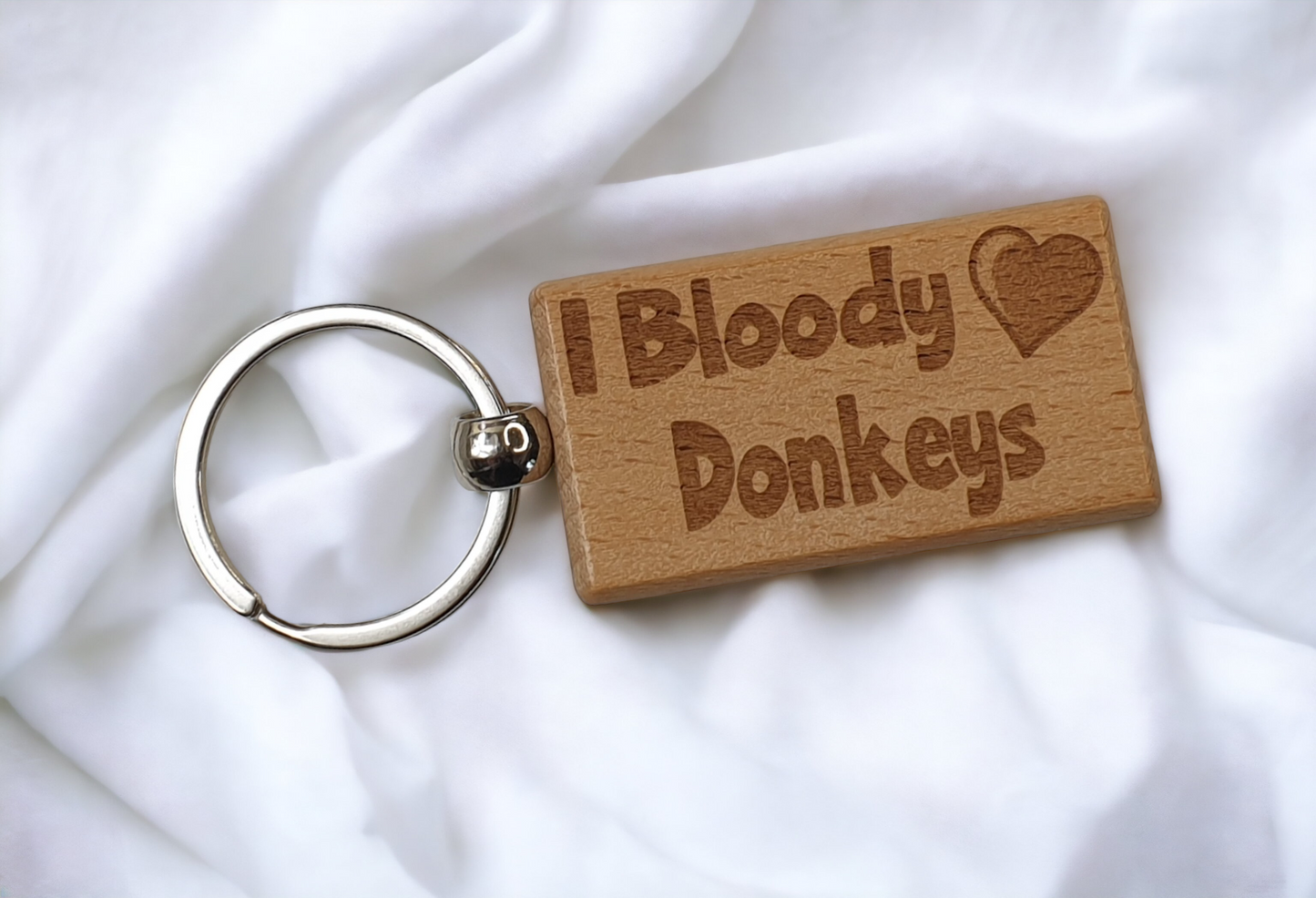 Donkey Keyring Gift - I Bloody Love Heart Donkeys - Nice Cute Engraved Wooden Key Fob Fun Novelty Present