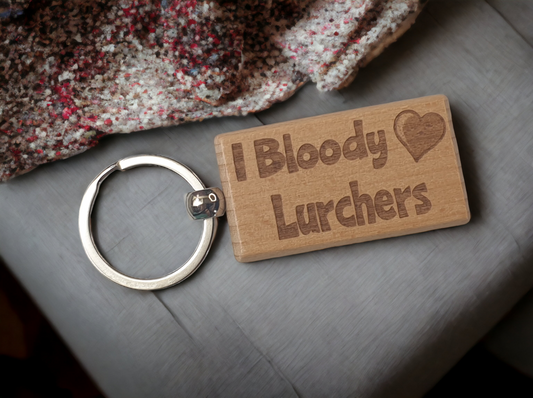 Lurcher Keyring Gift - I Bloody Love Heart - Nice Cute Engraved Wooden Key Fob Fun Present