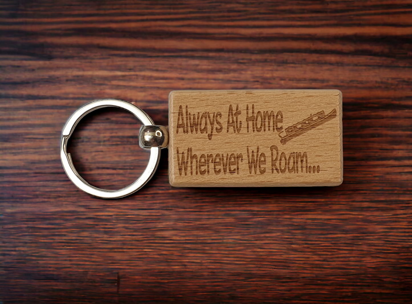 Narrowboat Keyring Gift - Always At Home Wherever We Roam - Canal Boat Engraved Wooden Key Fob Fun Novelty Nice Cute Present