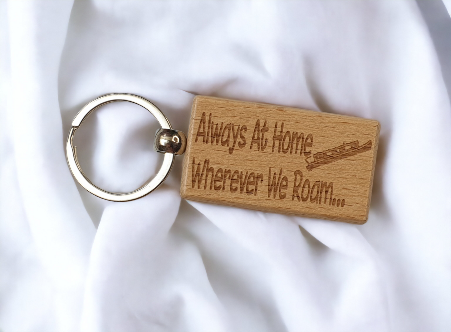 Narrowboat Keyring Gift - Always At Home Wherever We Roam - Canal Boat Engraved Wooden Key Fob Fun Novelty Nice Cute Present