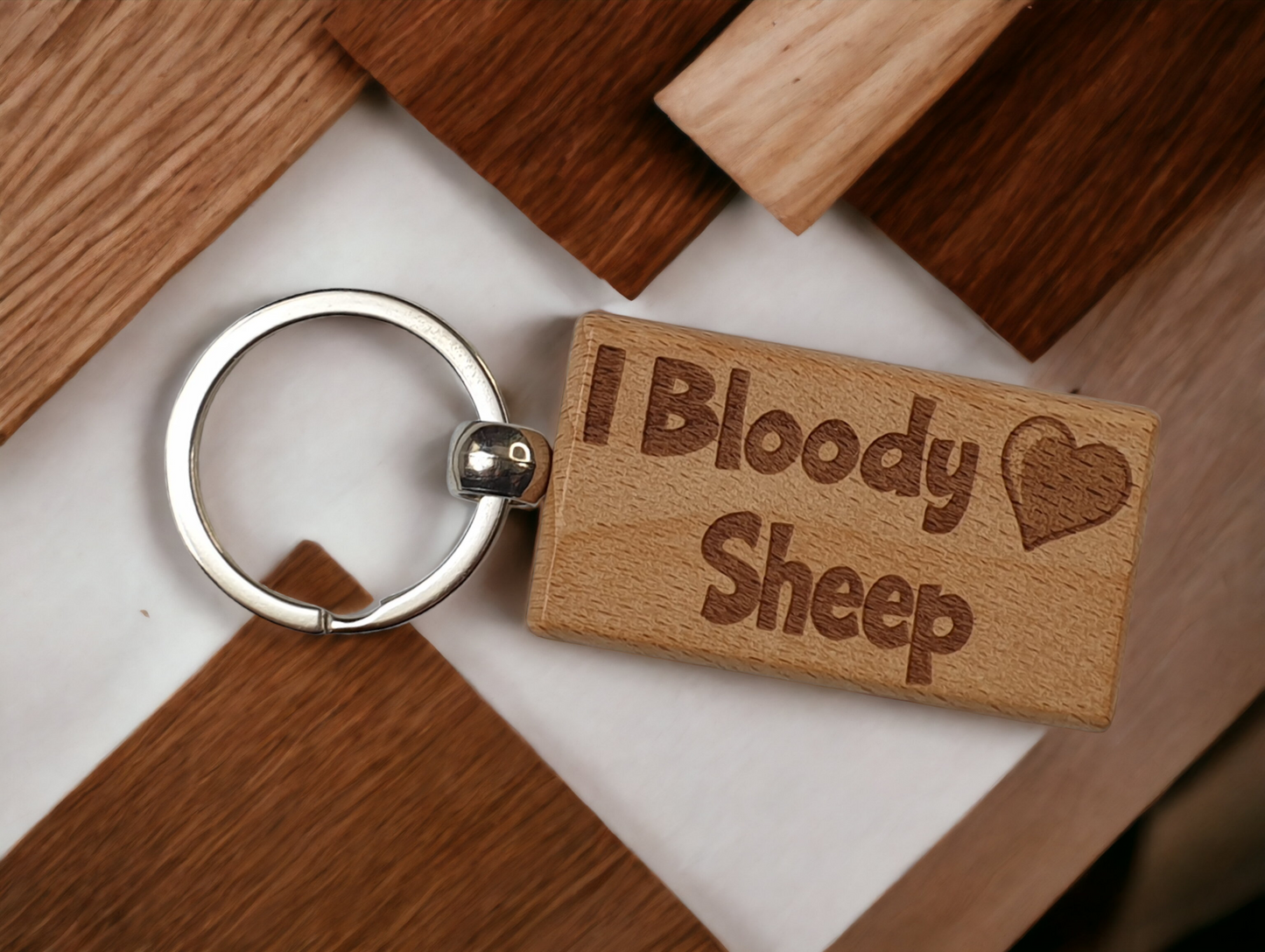 Sheep Keyring Gift - I Bloody Love Heart - Nice Cute Engraved Wooden Key Fob Fun Novelty Present