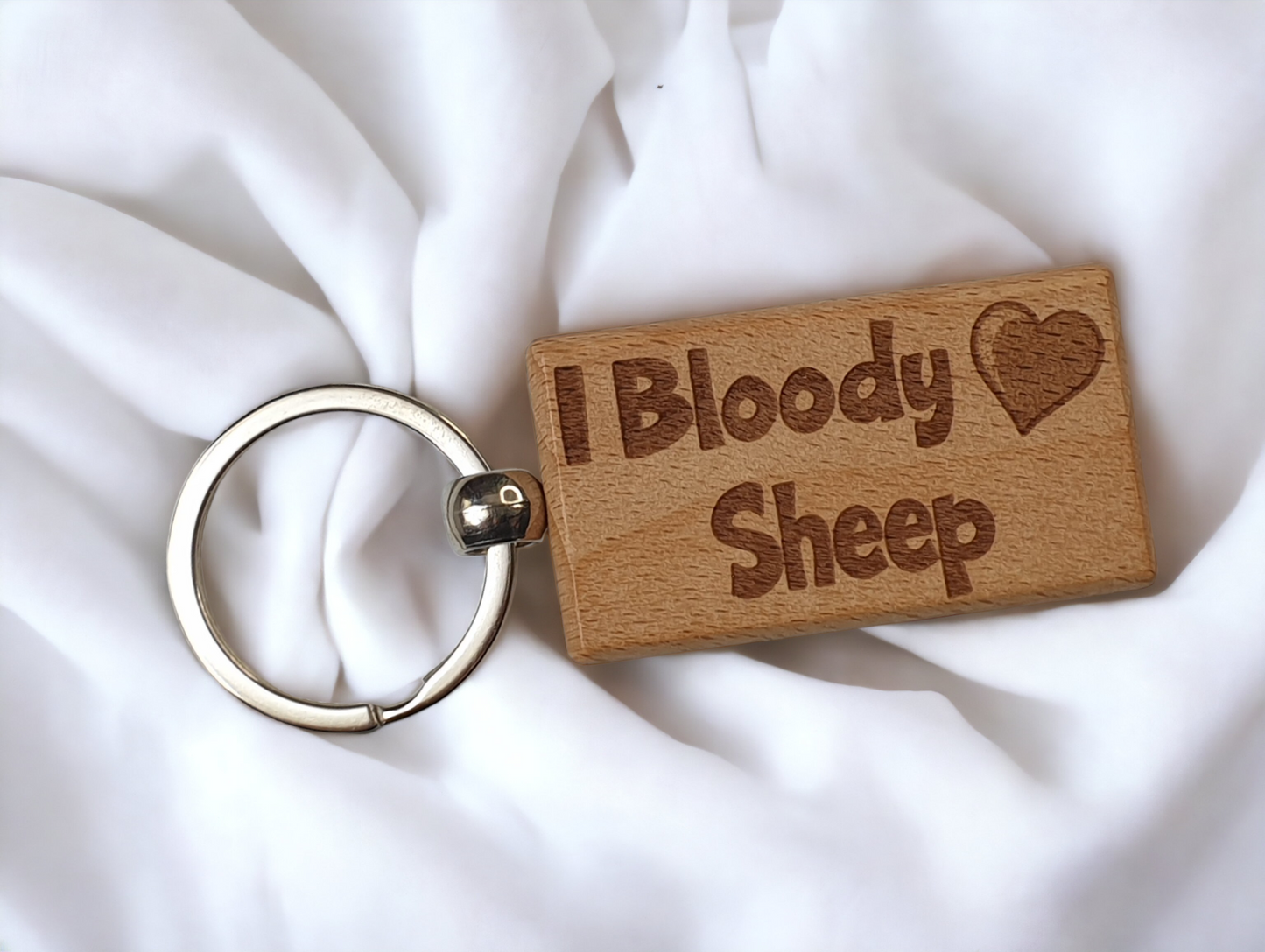 Sheep Keyring Gift - I Bloody Love Heart - Nice Cute Engraved Wooden Key Fob Fun Novelty Present