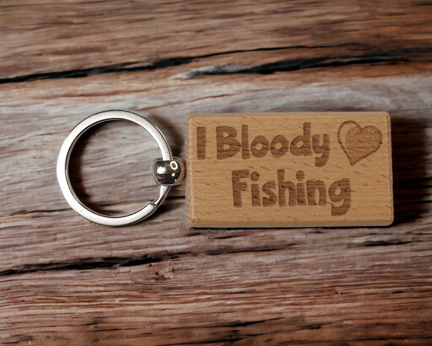 Fishing Keyring Gift - I Bloody Love Heart Fishing - Cute Engraved Wooden Key Fob Fun Novelty Nice Custom Present