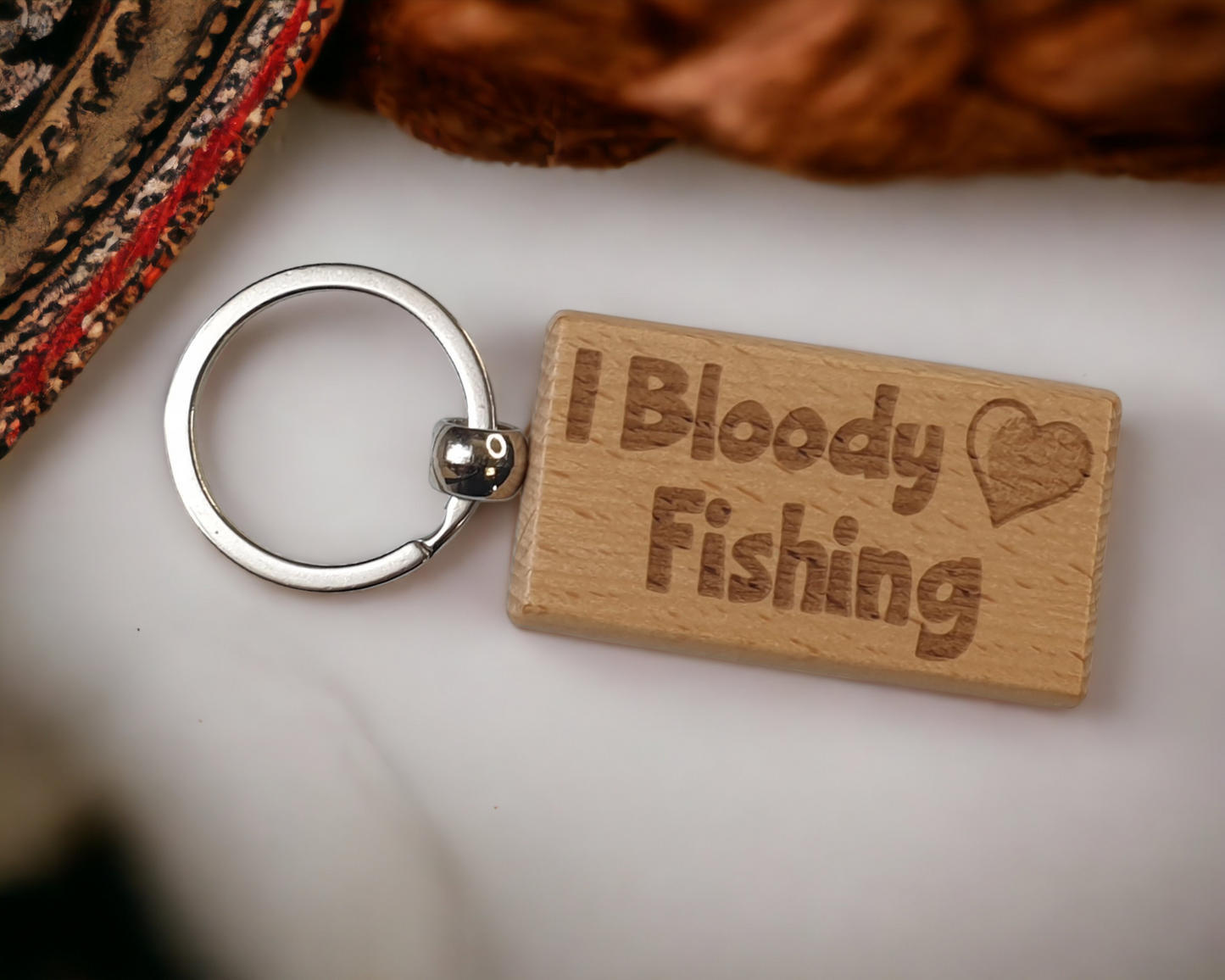 Fishing Keyring Gift - I Bloody Love Heart Fishing - Cute Engraved Wooden Key Fob Fun Novelty Nice Custom Present