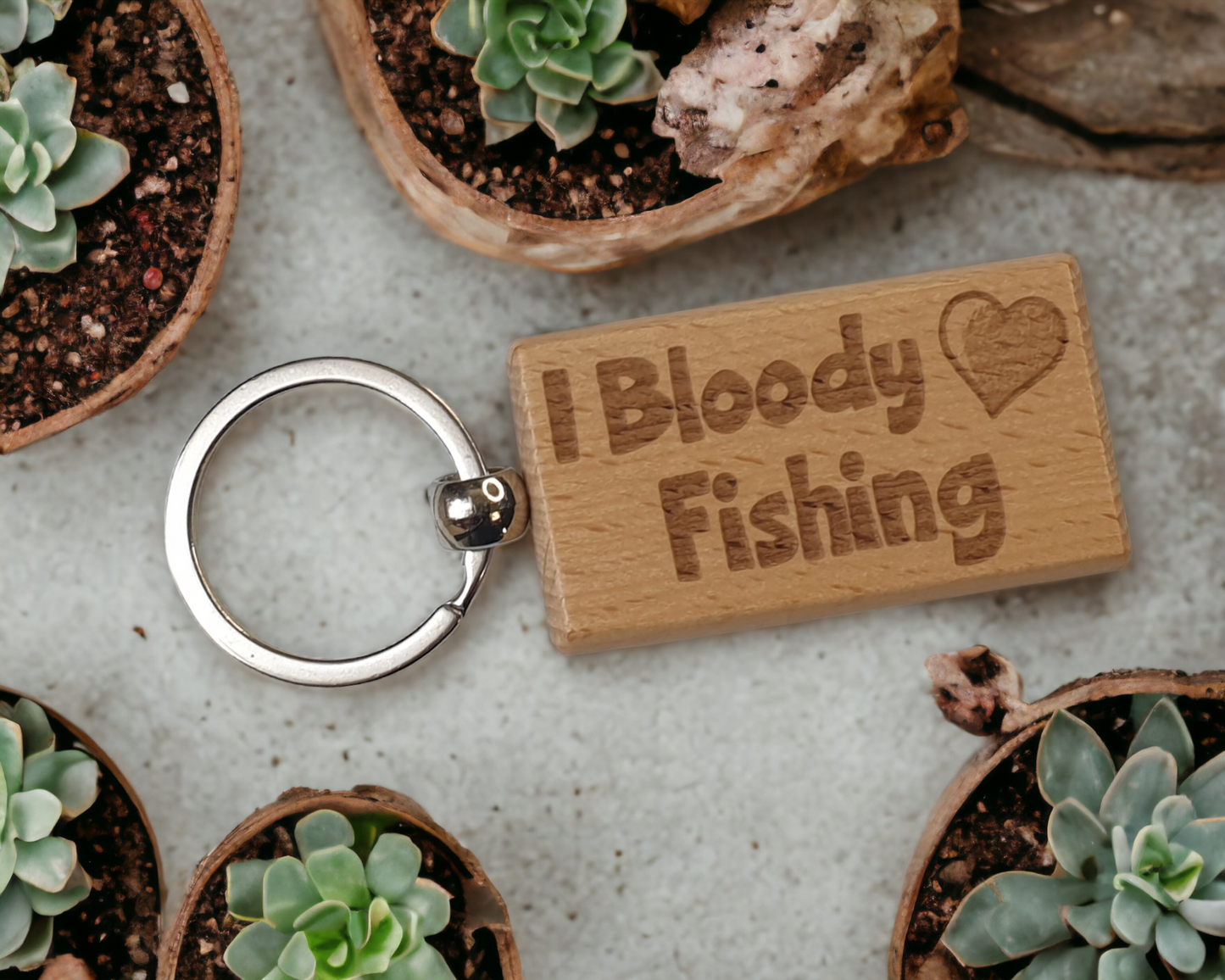 Fishing Keyring Gift - I Bloody Love Heart Fishing - Cute Engraved Wooden Key Fob Fun Novelty Nice Custom Present