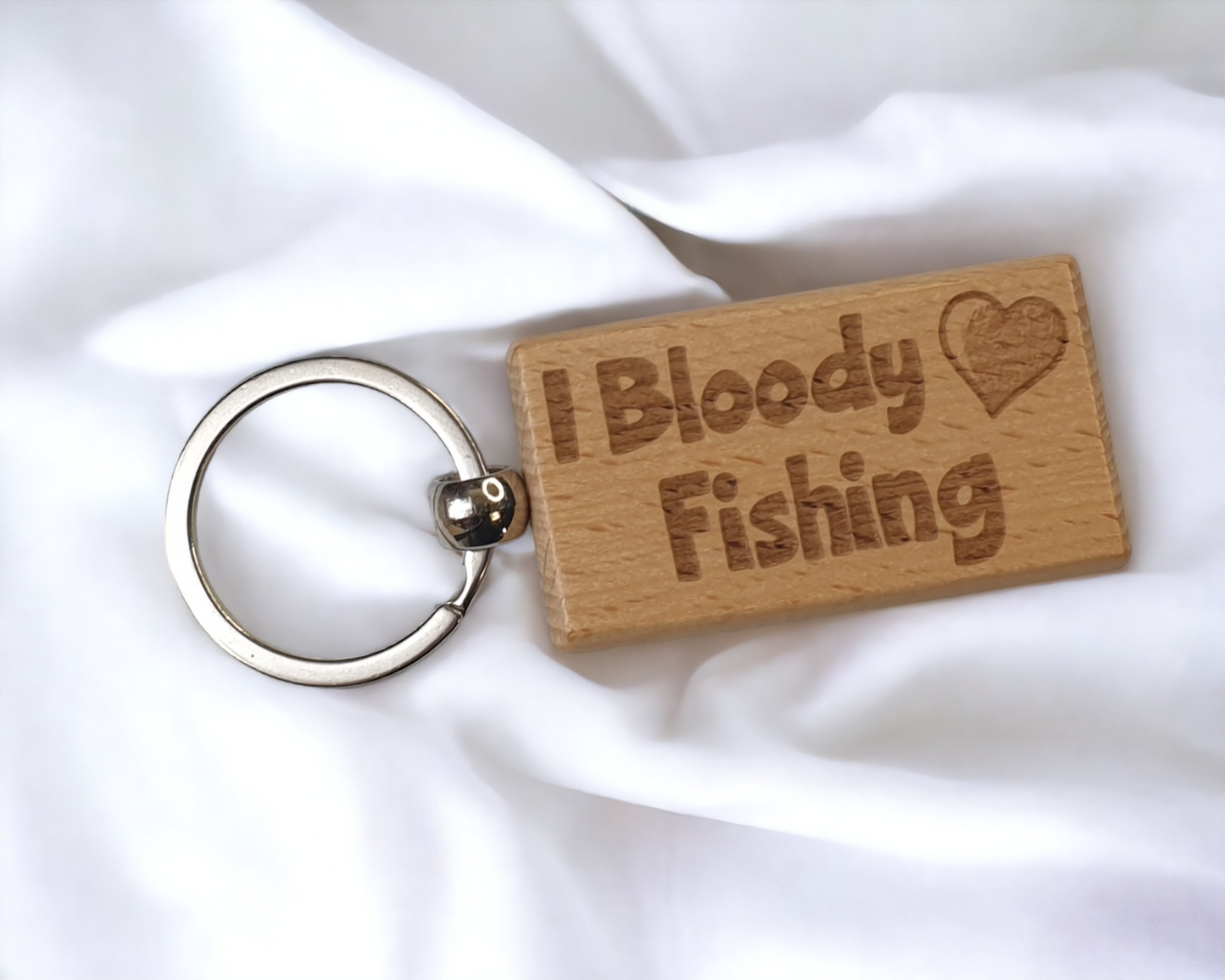 Fishing Keyring Gift - I Bloody Love Heart Fishing - Cute Engraved Wooden Key Fob Fun Novelty Nice Custom Present