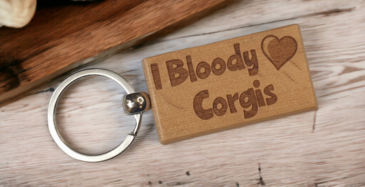 Corgi Keyring Gift - I Bloody Love Heart - Cute Engraved Wooden Key Fob Fun Novelty Nice Custom Present