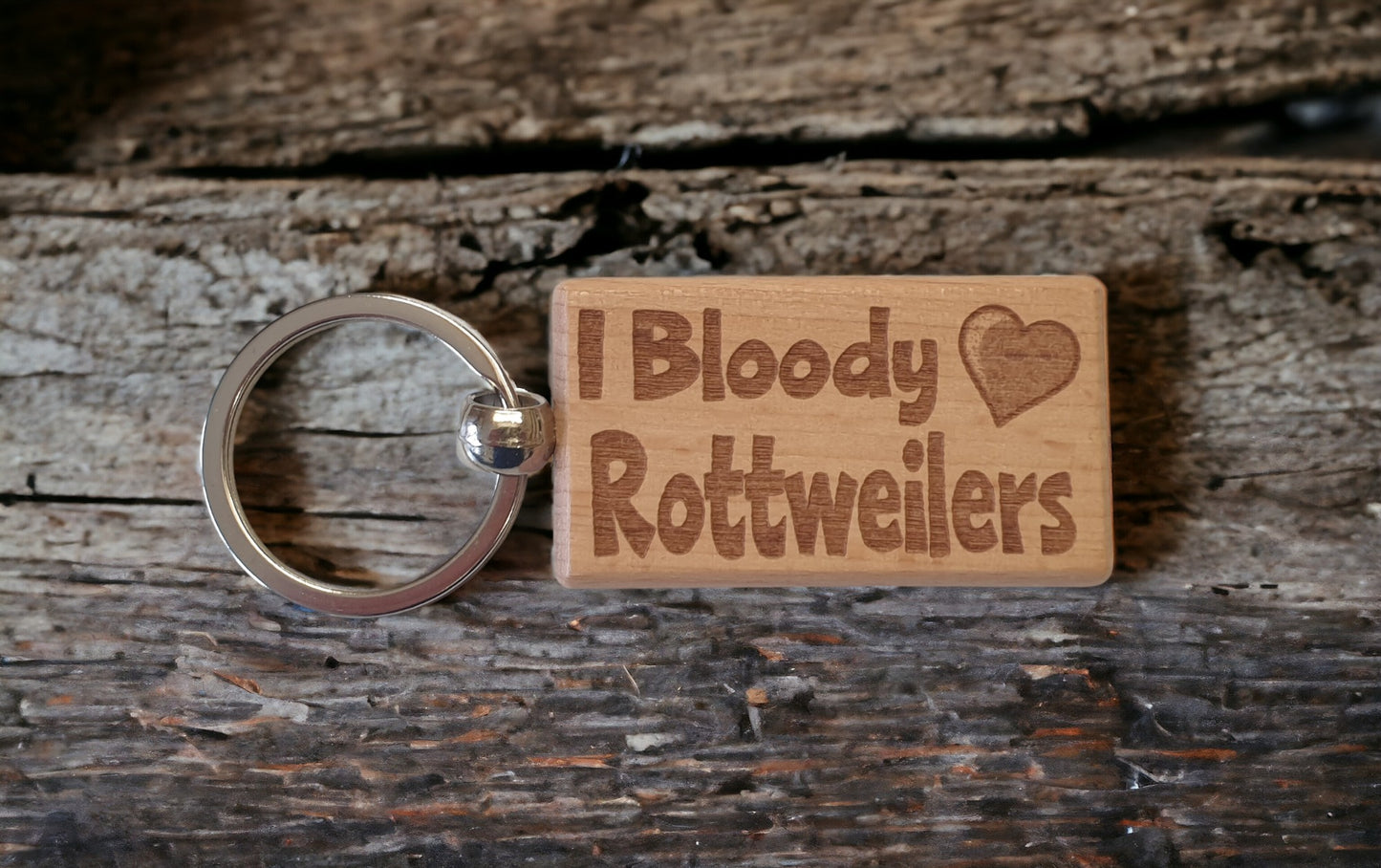 Rottweiler Keyring Gift - I Bloody Love Heart - Cute Engraved Wooden Key Fob Fun Novelty Nice Dog Owner Present