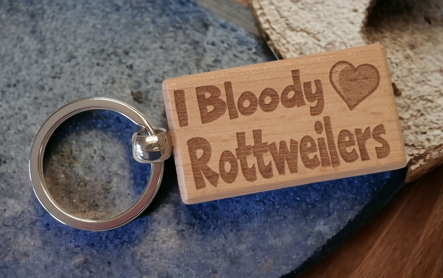 Rottweiler Keyring Gift - I Bloody Love Heart - Cute Engraved Wooden Key Fob Fun Novelty Nice Dog Owner Present