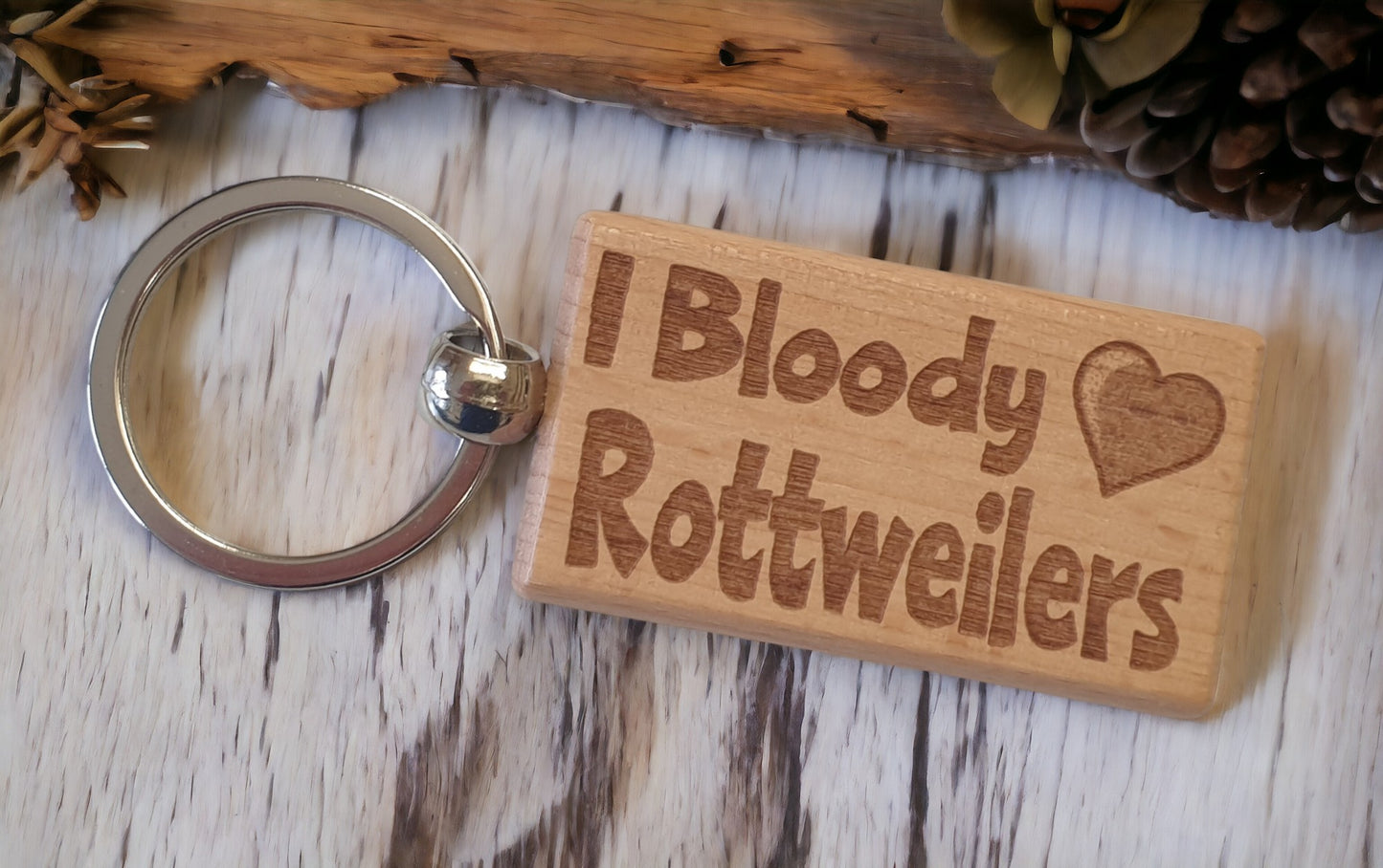 Rottweiler Keyring Gift - I Bloody Love Heart - Cute Engraved Wooden Key Fob Fun Novelty Nice Dog Owner Present