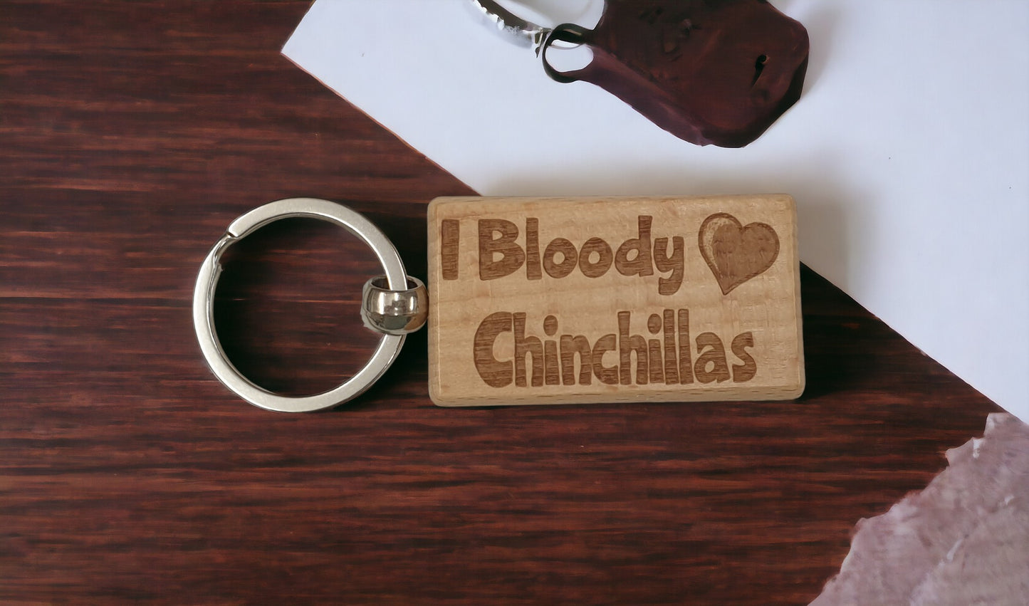 Chinchilla Keyring Gift - I Bloody Love Heart - Cute Engraved Wooden Key Fob Fun Novelty Nice Pet Owner Present