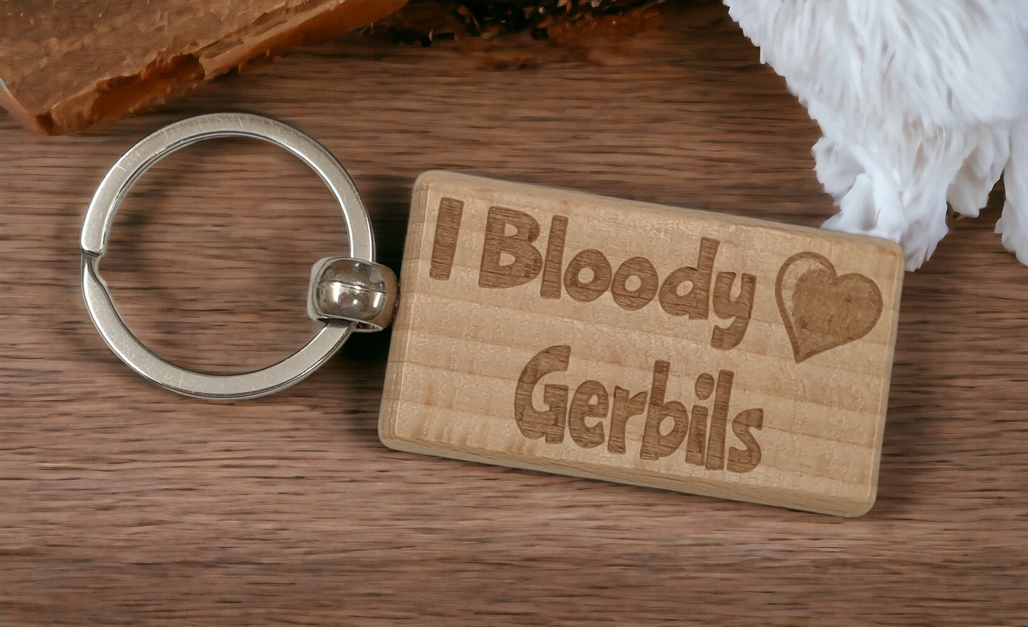 Gerbil Keyring Gift - I Bloody Love Heart - Cute Engraved Wooden Key Fob Fun Novelty Nice Pet Owner Present