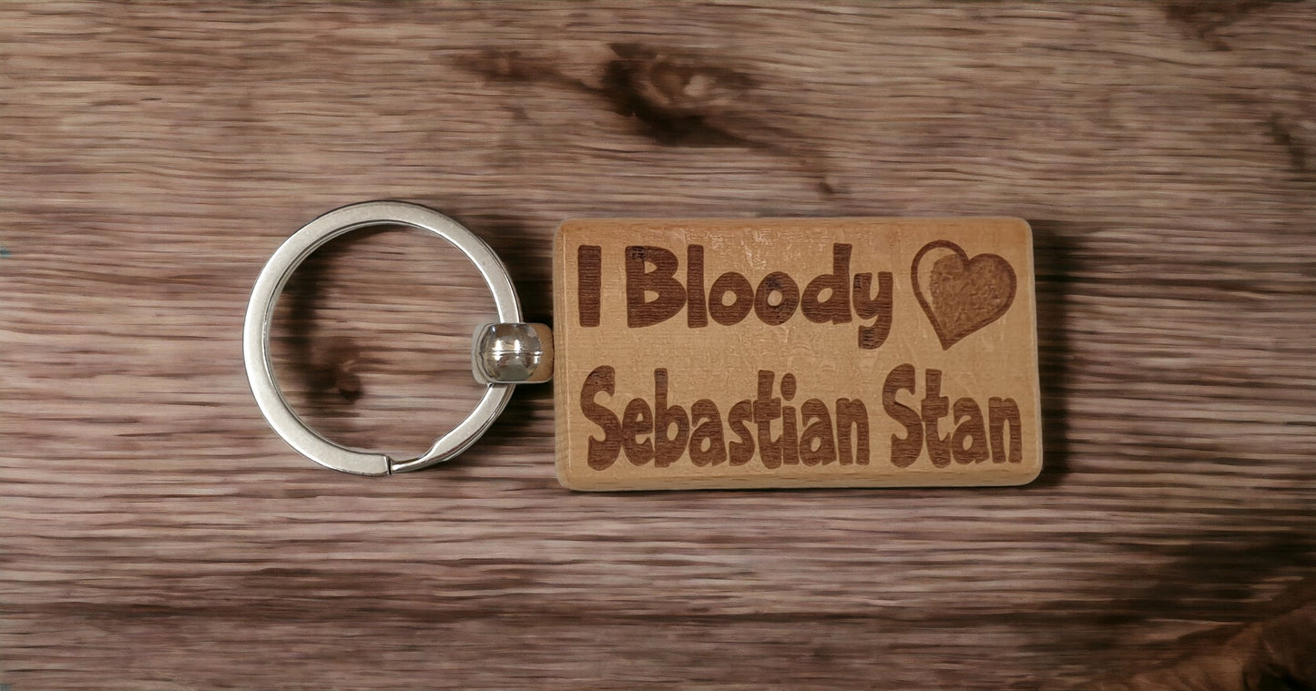 Sebastian Stan Keyring Gift - I Bloody Love - Engraved Wooden Movie Fan Birthday Fun Cute Novelty Present