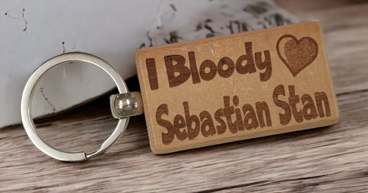 Sebastian Stan Keyring Gift - I Bloody Love - Engraved Wooden Movie Fan Birthday Fun Cute Novelty Present