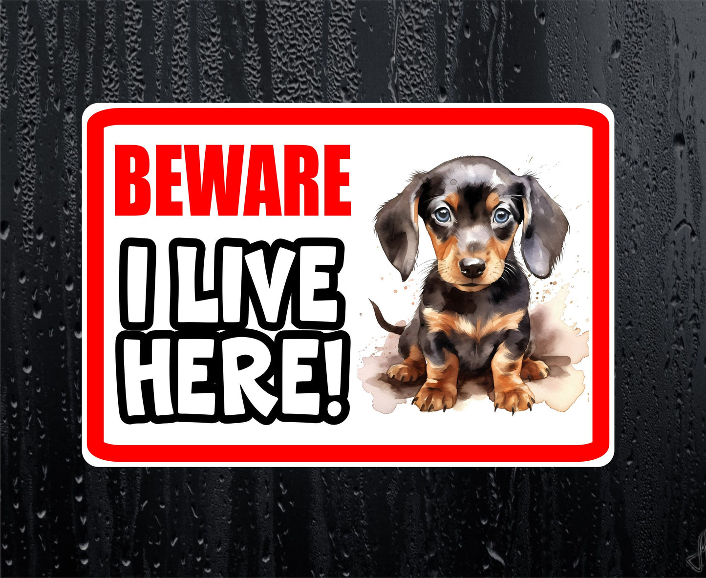 Dachshund Sticker - Beware I Live Here - Cute House Home Window Door Porch Dog Warning Decal