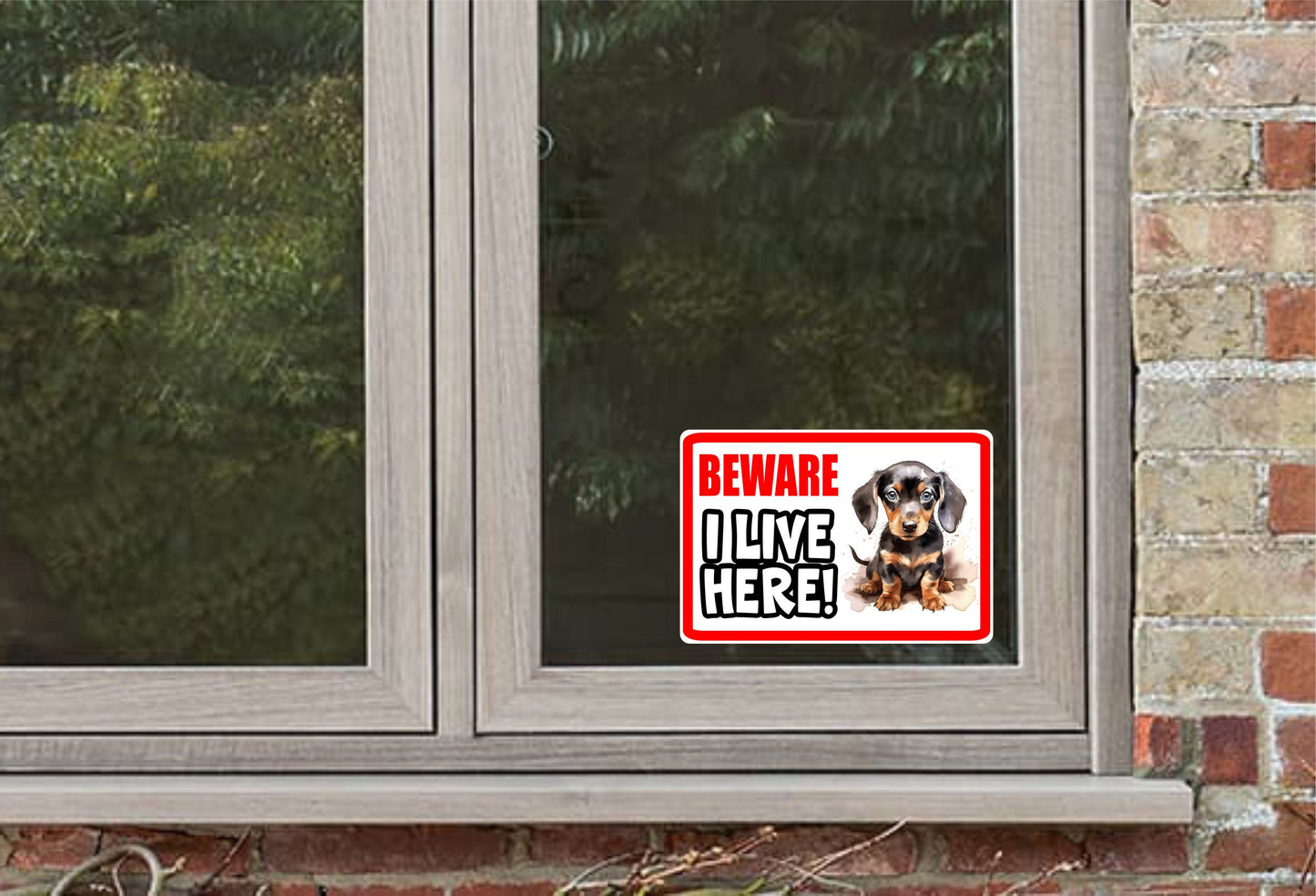 Dachshund Sticker - Beware I Live Here - Cute House Home Window Door Porch Dog Warning Decal