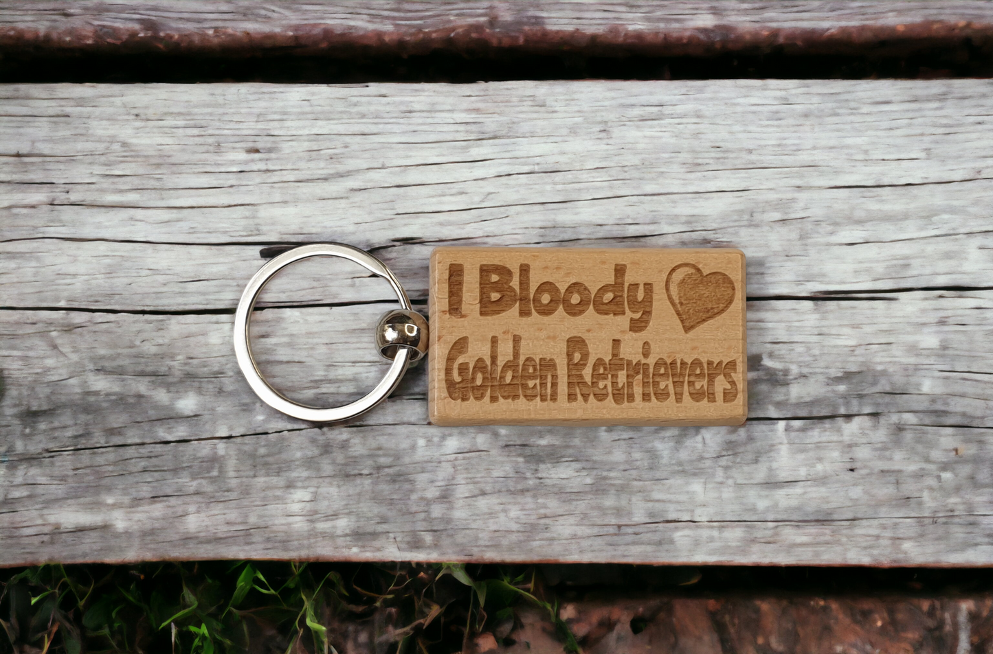 Golden Retriever Keyring Gift - I Bloody Love Heart - Cute Engraved Wooden Key Fob Fun Novelty Nice Custom Present