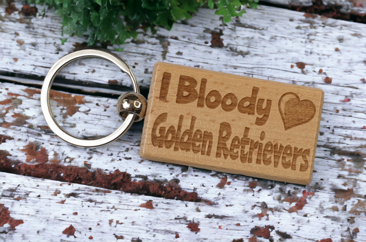 Golden Retriever Keyring Gift - I Bloody Love Heart - Cute Engraved Wooden Key Fob Fun Novelty Nice Custom Present