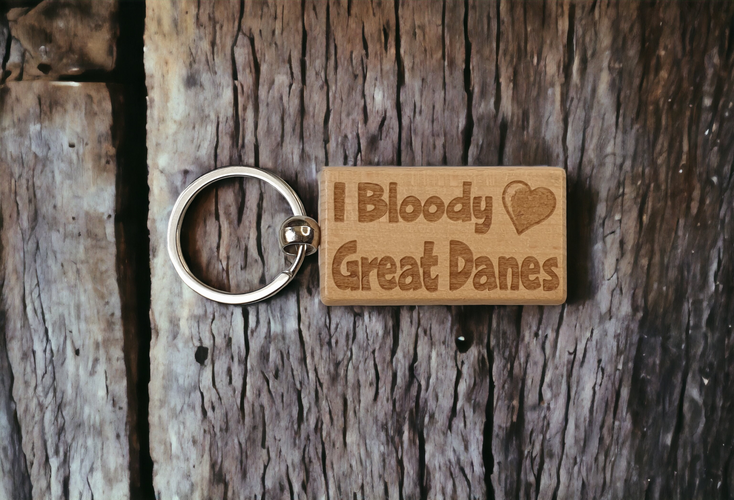 Great Dane Keyring Gift - I Bloody Love Heart - Cute Engraved Wooden Key Fob Fun Novelty Nice Custom Present