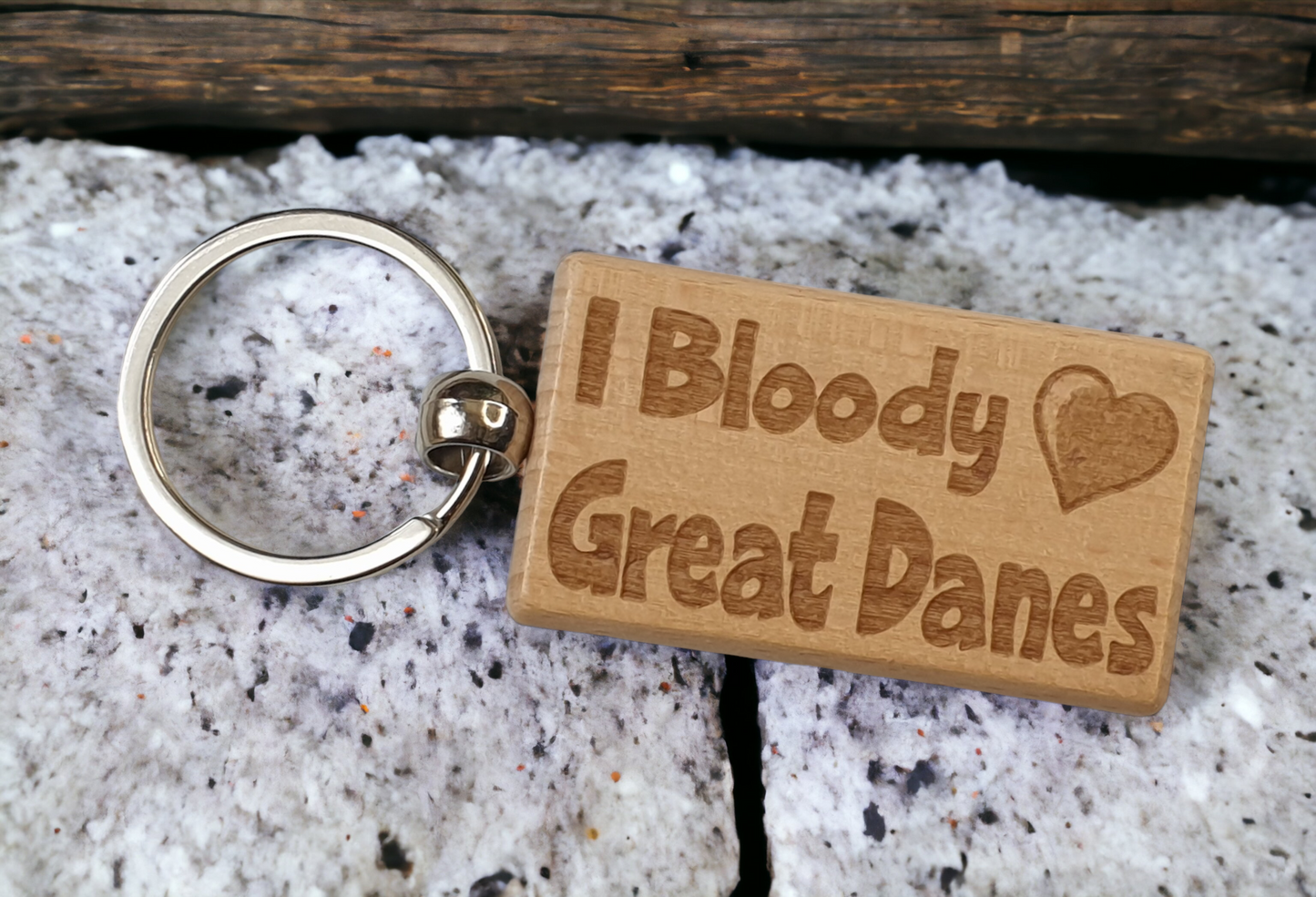 Great Dane Keyring Gift - I Bloody Love Heart - Cute Engraved Wooden Key Fob Fun Novelty Nice Custom Present