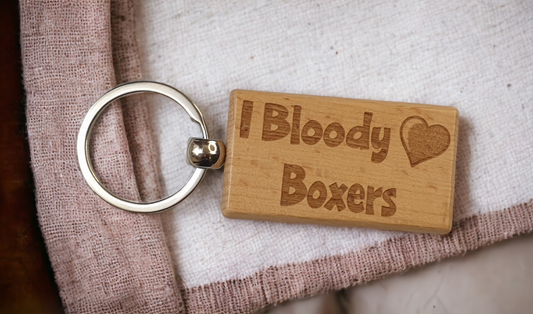 Boxer Keyring Gift - I Bloody Love Heart - Cute Engraved Wooden Key Fob Fun Novelty Nice Custom Present