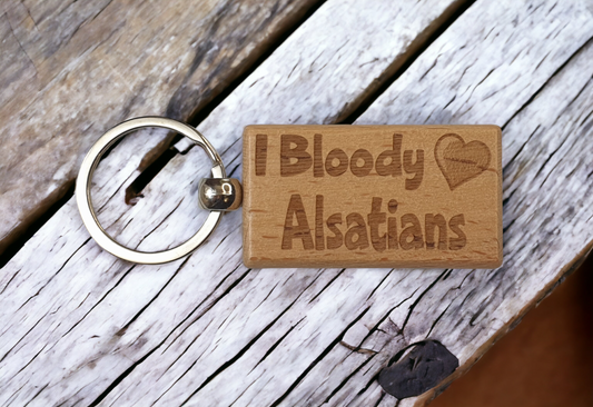 Alsatian Keyring Gift - I Bloody Love Heart - Engraved Wooden Key Fob Fun Cute Novelty Nice Custom Present