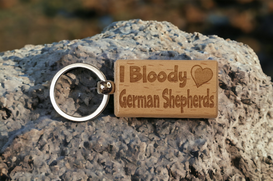 German Shepherd Keyring Gift - I Bloody Love Heart - Cute Engraved Wooden Key Fob Fun Novelty Nice Custom Present