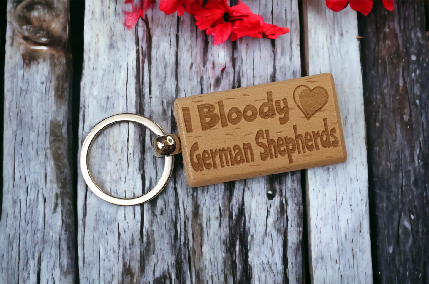 German Shepherd Keyring Gift - I Bloody Love Heart - Cute Engraved Wooden Key Fob Fun Novelty Nice Custom Present