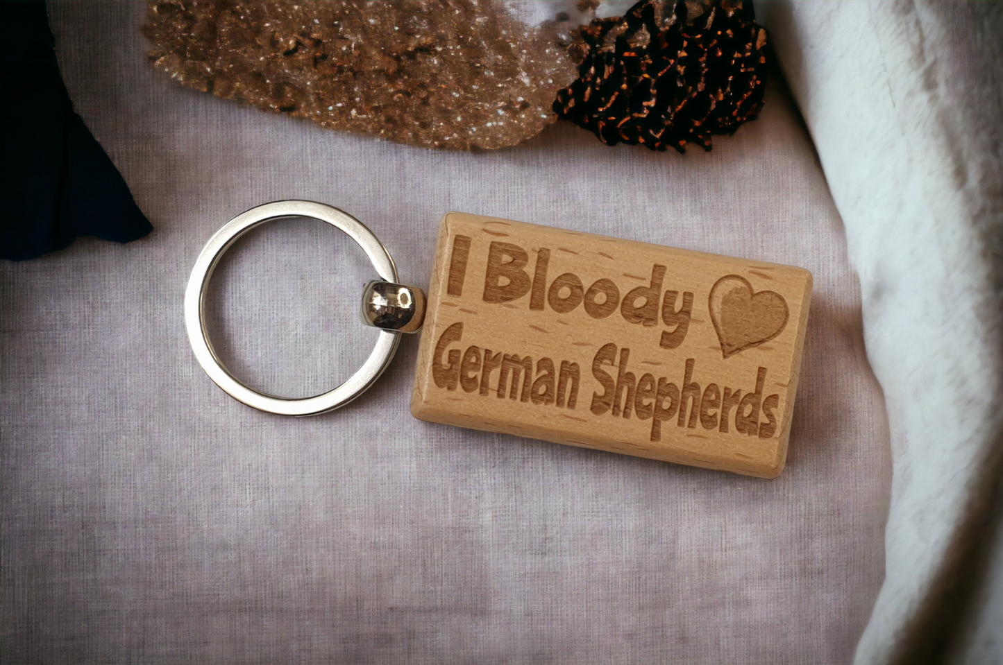 German Shepherd Keyring Gift - I Bloody Love Heart - Cute Engraved Wooden Key Fob Fun Novelty Nice Custom Present