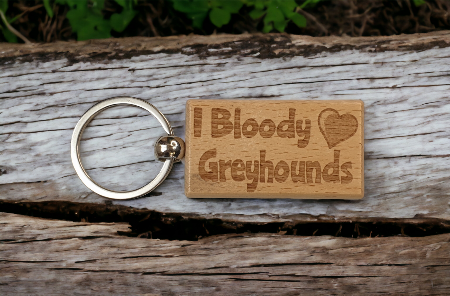 Greyhound Keyring Gift - I Bloody Love Heart - Cute Engraved Wooden Key Fob Fun Novelty Nice Custom Present