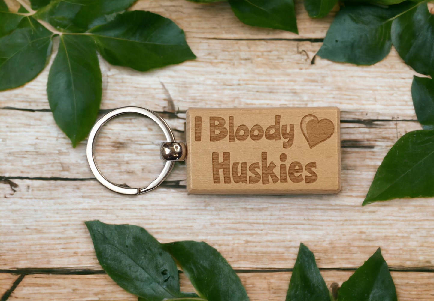 Husky Keyring Gift - I Bloody Love Heart - Cute Engraved Wooden Key Fob Fun Novelty Nice Custom Present