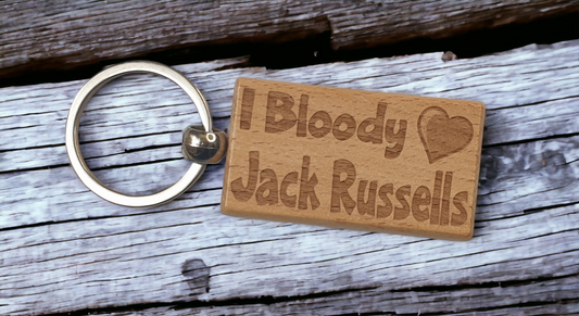 Jack Russell Keyring Gift - I Bloody Love Heart - Cute Engraved Wooden Key Fob Fun Novelty Nice Custom Present