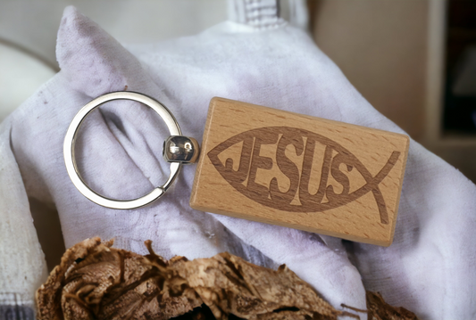 Jesus Keyring Gift - Jesus Text Ichthys Fish - Cute Engraved Wooden Key Fob Novelty Nice Christian Custom Gift