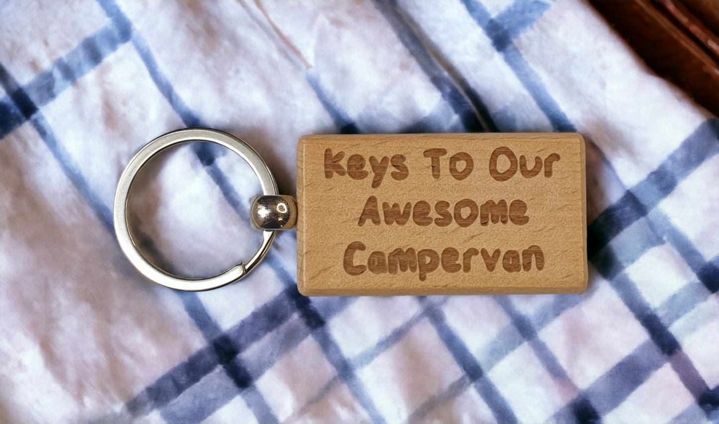 Campervan Keyring Gift - Keys To Our Awesome Campervan - Nice Cute Engraved Wooden Key Fob Novelty Custom Present