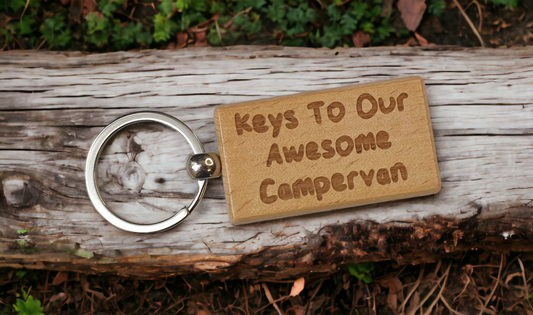 Campervan Keyring Gift - Keys To Our Awesome Campervan - Nice Cute Engraved Wooden Key Fob Novelty Custom Present