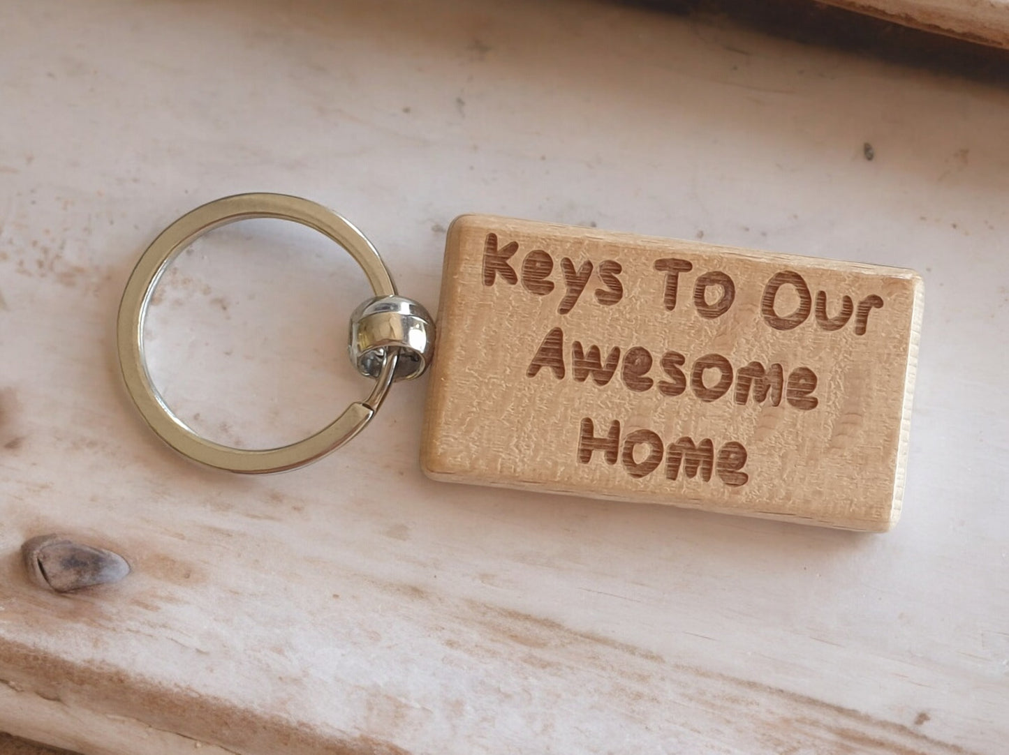 House Keyring Gift - Keys To Our Awesome Home - Nice Cute Engraved Wooden Key Fob Novelty Custom Present