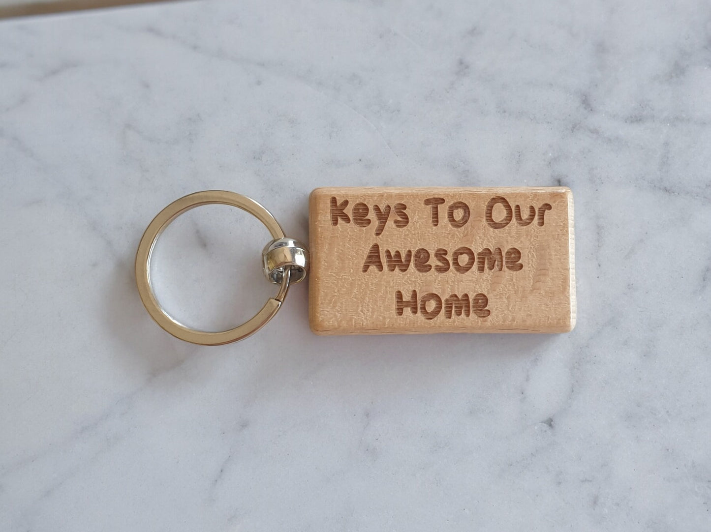 House Keyring Gift - Keys To Our Awesome Home - Nice Cute Engraved Wooden Key Fob Novelty Custom Present