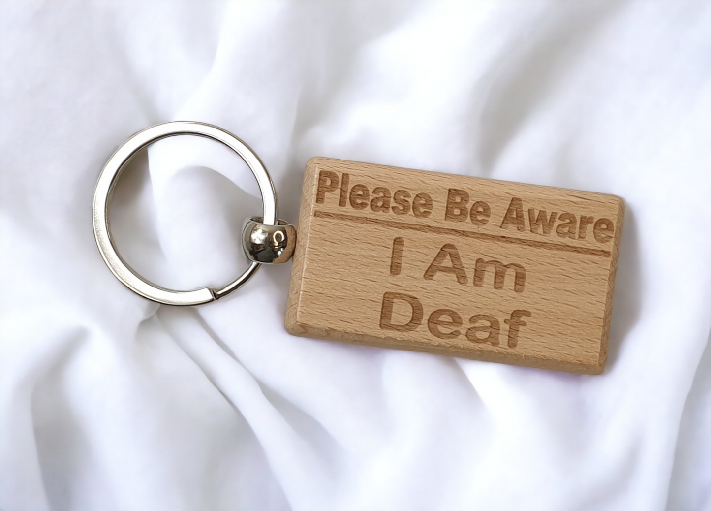 Deaf Awareness Keyring Gift - Please Be Aware I Am Deaf Key Ring - Engraved Wooden Key Chain Present