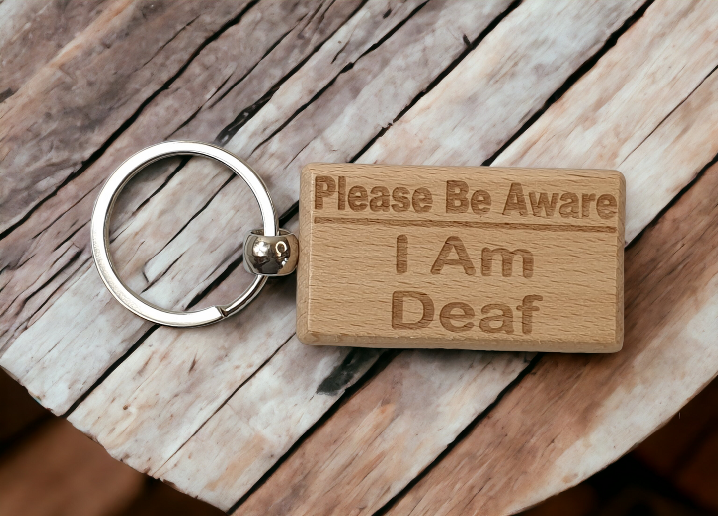 Deaf Awareness Keyring Gift - Please Be Aware I Am Deaf Key Ring - Engraved Wooden Key Chain Present