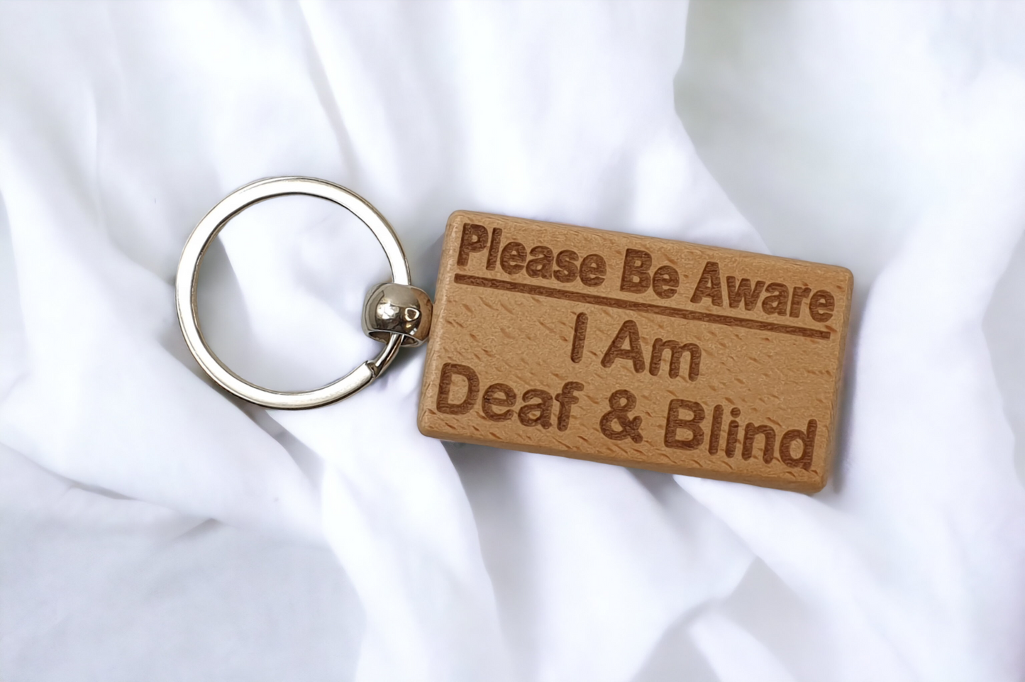 Deaf Blind Awareness Keyring Gift - Please Be Aware I Am Deaf & Blind Key Ring - Engraved Wooden Key Chain Present