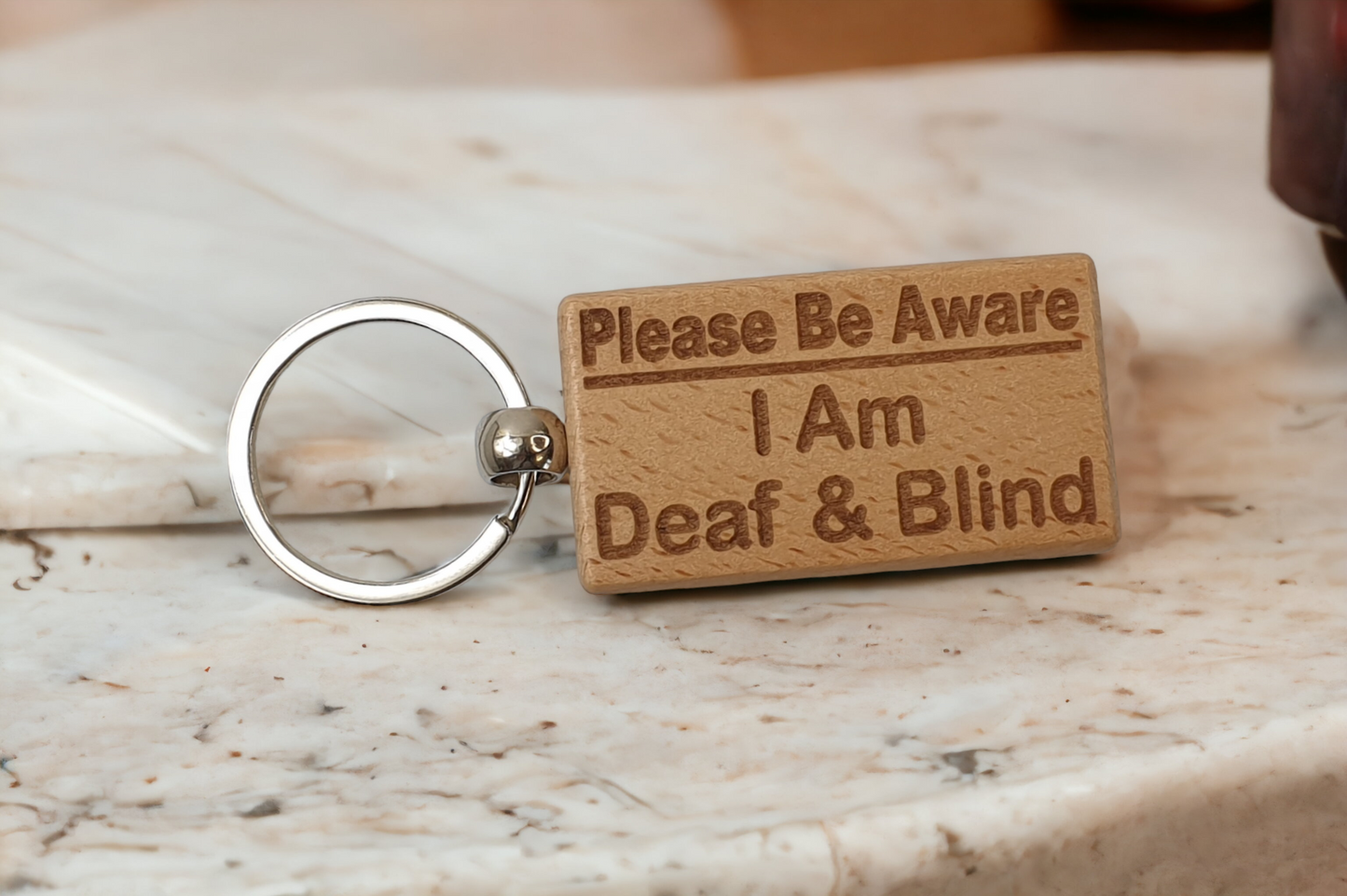 Deaf Blind Awareness Keyring Gift - Please Be Aware I Am Deaf & Blind Key Ring - Engraved Wooden Key Chain Present