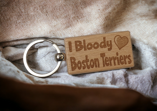 Cute Boston Terrier Keyring Gift - I Bloody Love Heart - Nice Cute Engraved Wooden Key Fob Fun Novelty Present