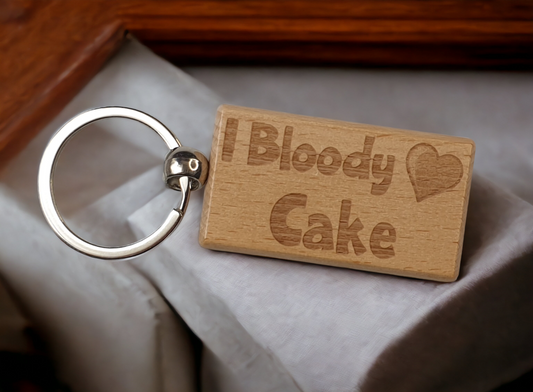 Cake Keyring Gift - I Bloody Love Heart Cake - Nice Cute Engraved Wooden Key Fob Fun Novelty Present