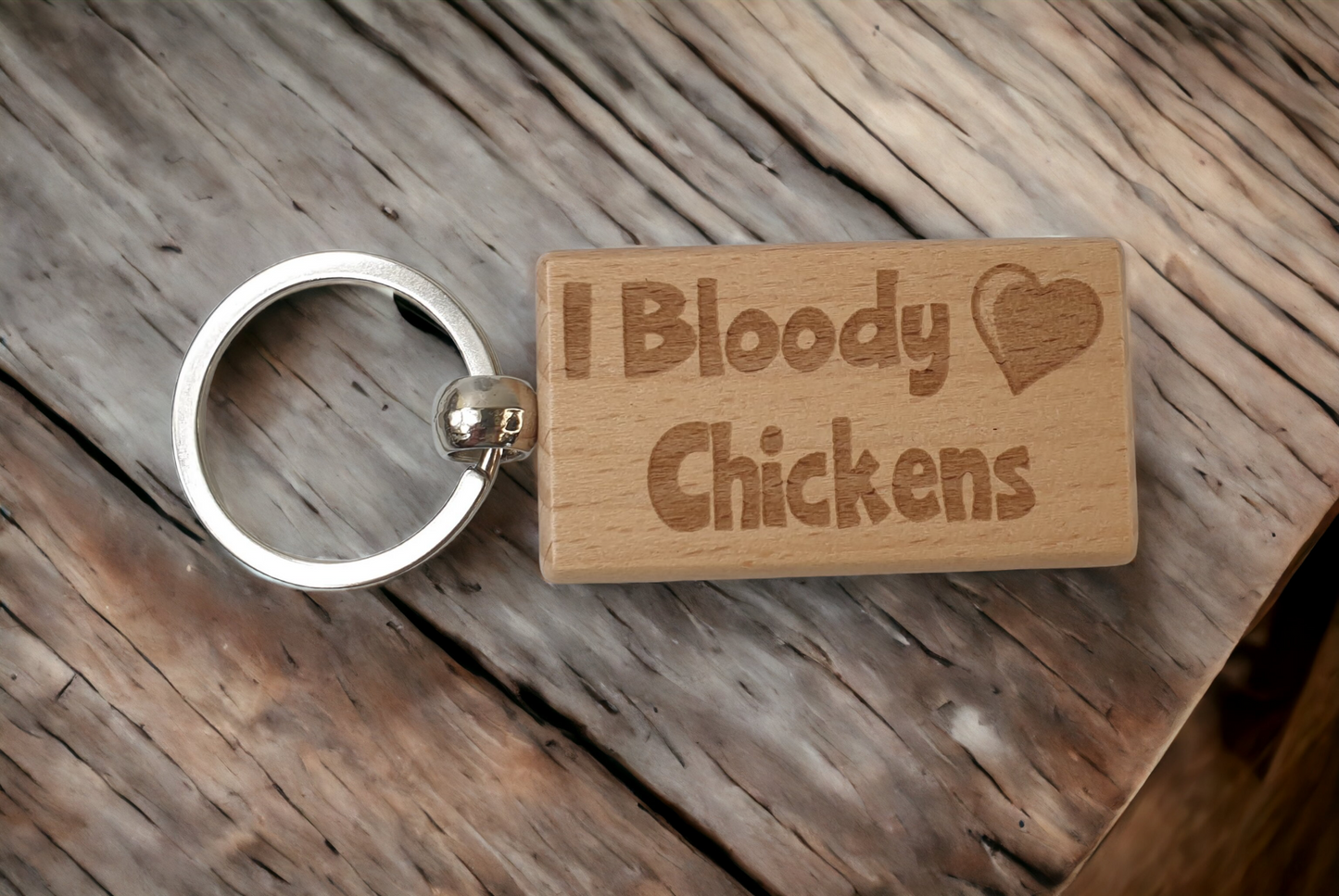 Cute Chicken Keyring Gift - I Bloody Love Chickens - Engraved Hardwood Key Fob Fun Novelty Nice Custom Present