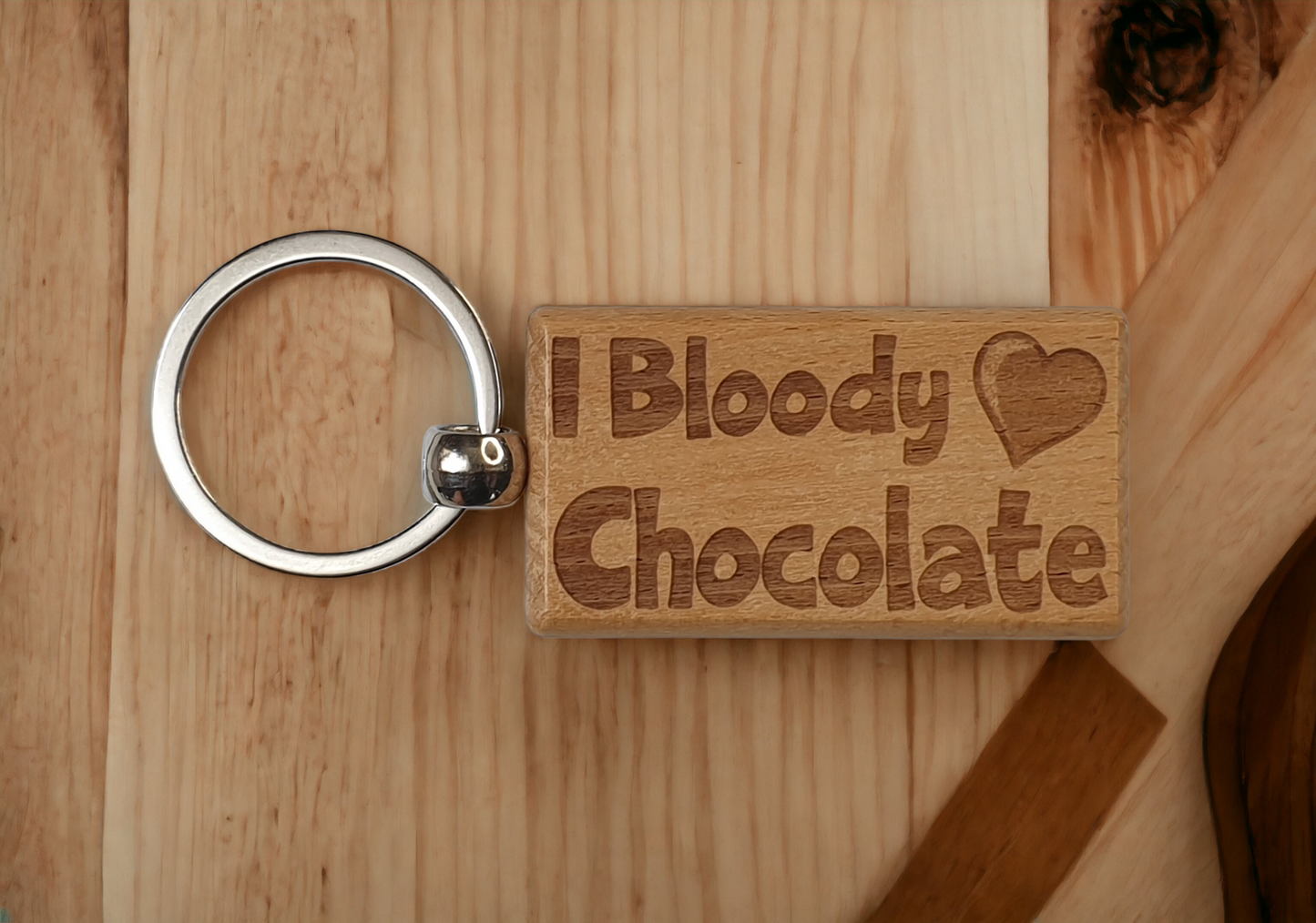 Chocolate Keyring Gift - I Bloody Love Heart Chocolate - Nice Cute Engraved Wooden Key Fob Fun Novelty Present