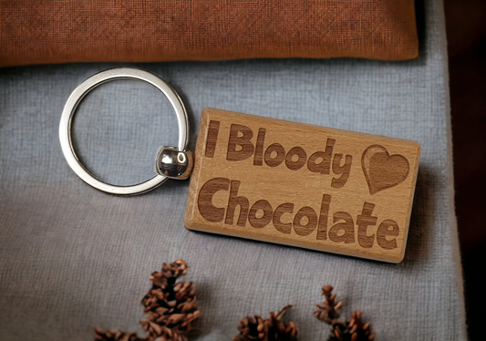 Chocolate Keyring Gift - I Bloody Love Heart Chocolate - Nice Cute Engraved Wooden Key Fob Fun Novelty Present