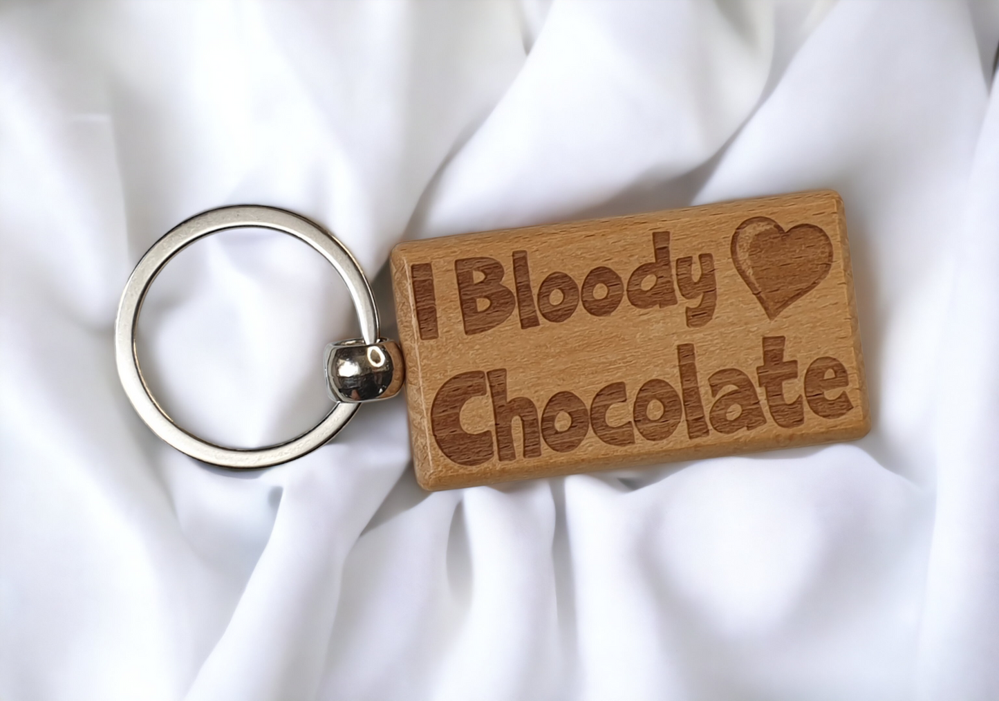 Chocolate Keyring Gift - I Bloody Love Heart Chocolate - Nice Cute Engraved Wooden Key Fob Fun Novelty Present