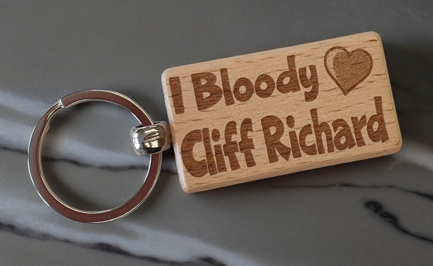 Cliff Richard Keyring Gift - I Bloody Love Heart - Cute Engraved Wooden Key Fob Fun Novelty Nice Custom Present